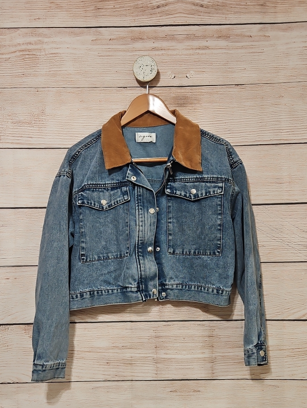 Vigoss Corduroy Collar Blue Denim Cropped Snap Zip Jacket Medium